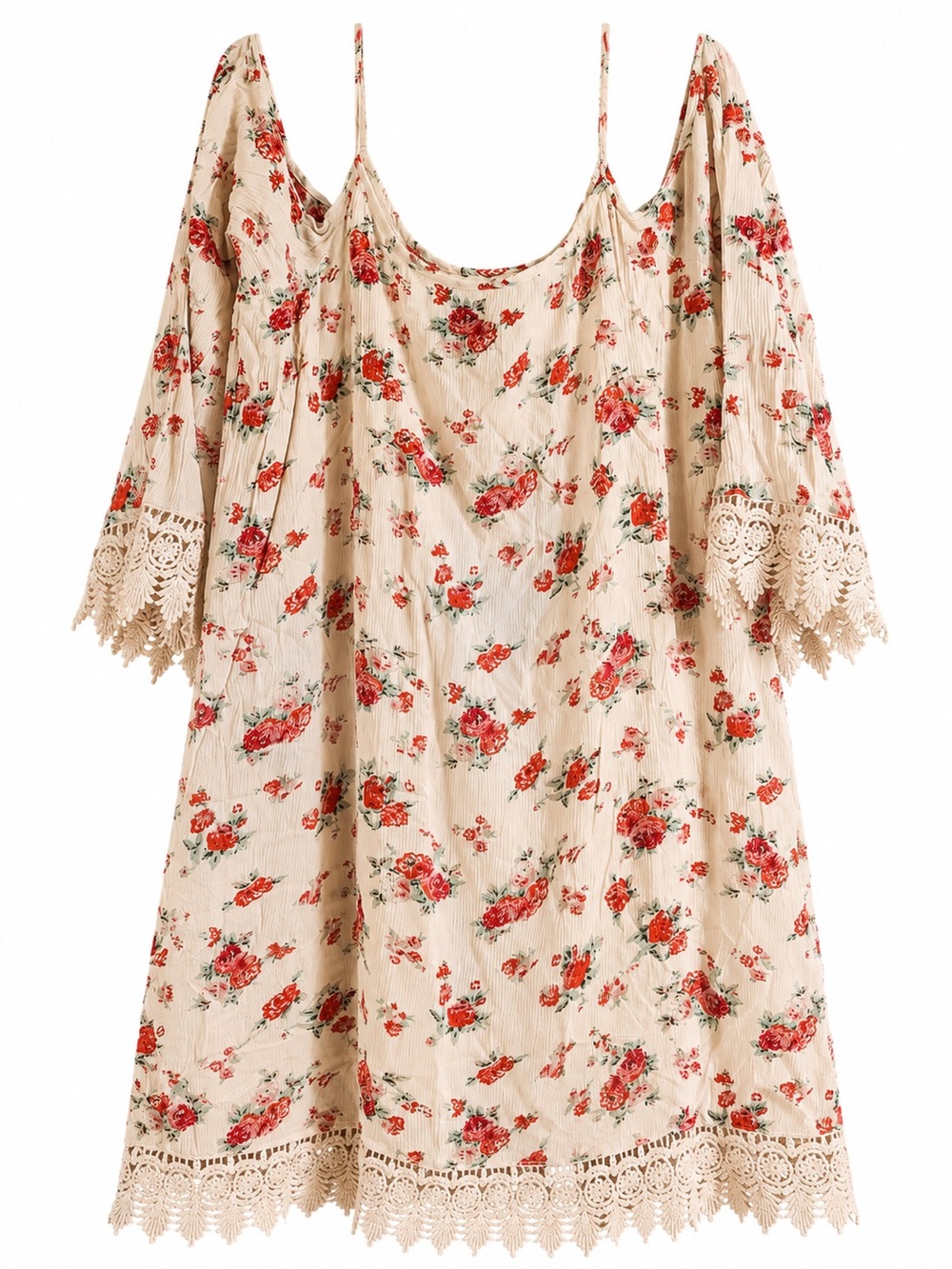 Charming Charlie Cream Floral Boho Dress with Red Rose Print